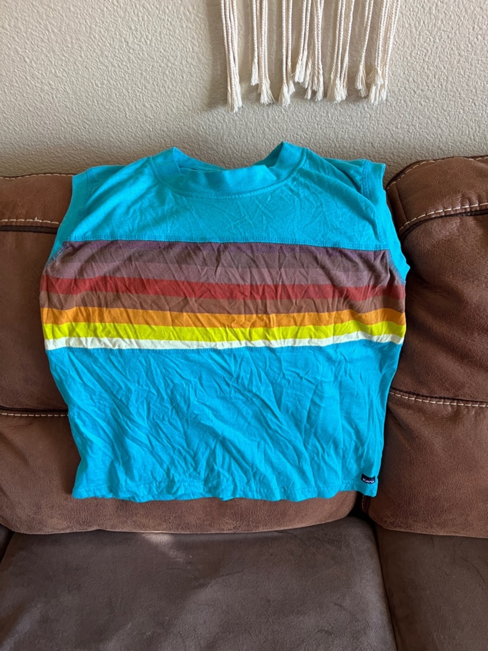 Kavu Turquoise Tank Top with Rainbow Stripes
